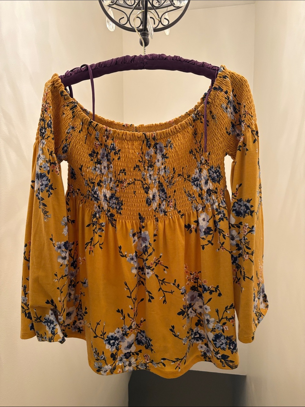 Mustard Yellow Floral Off-Shoulder Smocked Top & free American Eagle jacket XL